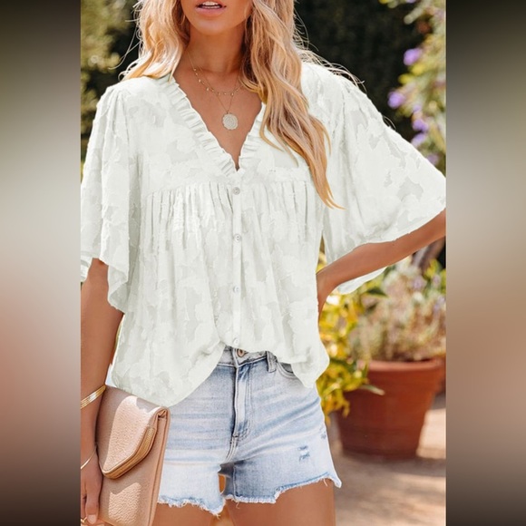 Tops - White Floral Textured V-Neck Buttoned Blouse